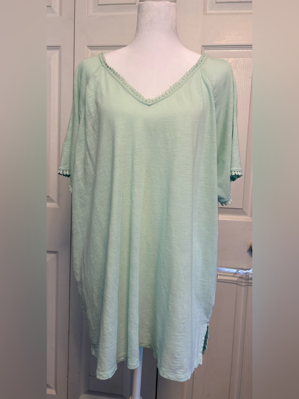Lands' End Mint Green V-Neck Tee with Pom Detail